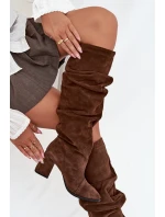 Vlnité kozačky z pravé semišové kůže na podpatku vyhřívané Zazoo 4228 hnědé