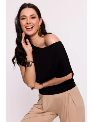 B287 Viskózový top s výstřihem na ramena - černý