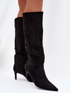 Ženské Kozačky Na Podpatku Vyhřívané S Eko Semišem Černé Arelisse