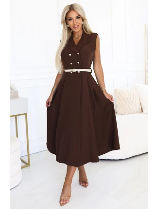 596-4 Elegantní midi košilka se zlatými knoflíky a páskem - CHOCOLATE