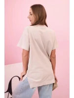 Dámské oversize bavlněné tričko srdcem a třásněmi béžové