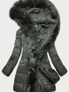 Prošívaná dámská zimní bunda v khaki barvě s kapucí (aura)