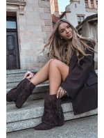 Dámské kotníkové boty na podpatku s třásněmi a zlatými přezkami čokoládové Evelisse