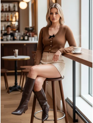 Dámský krátký svetr s mašlí LAMURE hnědý FashionStreet MY2472