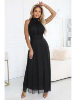 636-3 VERONICA luxusní dlouhé šaty s brokátovým akcentem a elegantním střihem - černé 636-3 VERONICA luxusní dlouhé šaty s brokátovým akcentem a elegantním střihem - černé