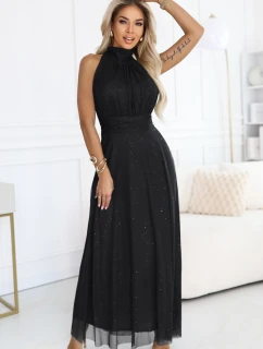 636-3 VERONICA luxusní dlouhé šaty s brokátovým akcentem a elegantním střihem - černé