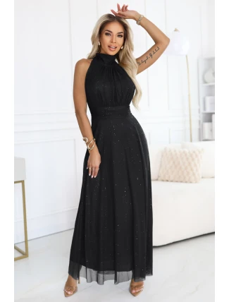 636-3 VERONICA luxusní dlouhé šaty s brokátovým akcentem a elegantním střihem - černé 636-3 VERONICA luxusní dlouhé šaty s brokátovým akcentem a elegantním střihem - černé