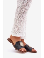 Kožené Pantofle S Dekorací Na Plochém Podpatku Zazoo 3047/O Černé