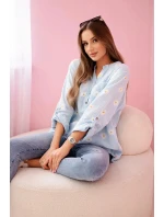Lněná dámská halenka s květinovým vzorem, dlouhými rukávy a knoflíky Modrá