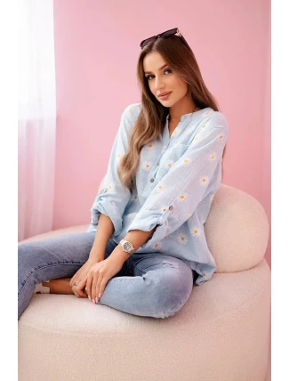 Lněná dámská halenka s květinovým vzorem, dlouhými rukávy a knoflíky Modrá