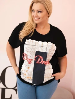 Dámská bavlněná halenka Plus Size s potiskem „Day Dream“ černá + tmavě modrá