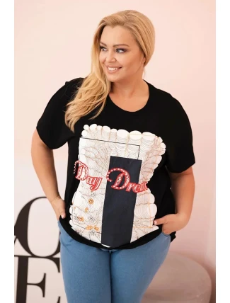 Dámská bavlněná halenka Plus Size s potiskem „Day Dream“ černá + tmavě modrá