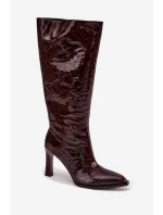 Kožené lakované dámské kozačky na podpatku s vyhříváním D&A CR52-716 bordó