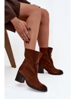 Kožené semišové dámské kotníkové boty na jehlovém podpatku Zazoo 1151 hnědé