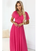 562-9 NASTIA Dlouhé šaty s výstřihem, kosticemi a krátkými rukávy - malinový sorbet