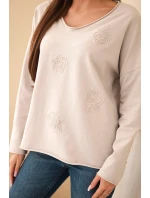 Dámská bavlněná blůza s vyšívanými květy a V výstřihem bežová