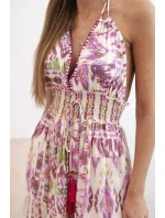 Dámské boho viskózové šaty se zavazováním kolem krku fialka