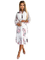 Plisované midi šaty s knoflíky a dlouhým rukávem Numoco CARLA  - bílé s květy