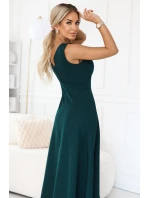 648-1 Módní maxi šaty s rozparkem na nohavicích - lahvově zelené