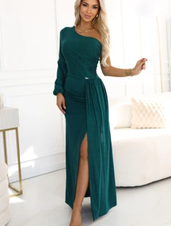 658-2 Třpytivé maxi šaty na jedno rameno s asymetrickými rukávy a rozparkem - lahvově zelené