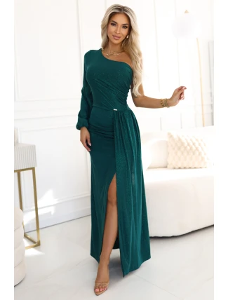 658-2 Třpytivé maxi šaty na jedno rameno s asymetrickými rukávy a rozparkem - lahvově zelené