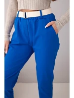 Dámské bavlněné kalhoty s páskem a ohrnutými nohavicemi chabrové