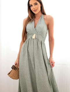 Dámské viskózové maxi šaty vázané na krku s ozdobnou sponou khaki