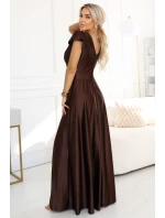 411-15 CRYSTAL saténové dlouhé šaty s výstřihem - čokoládové
