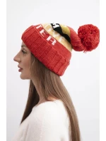 Dámská zimní čepice s vlnou a nápisem s velkým bambulí K422 malinová