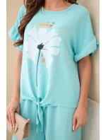 Dámský viskózový komplet s halenkou s potiskem a kalhotami mátový