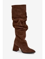 Dámské zateplené kozačky na podpatku s mačkanou holení Zazoo – hnědé, pravý semiš