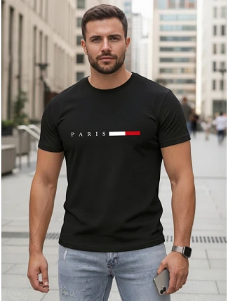 Pánské bavlněné tričko s nápisem PARIS, černé, FashionStreet NX5139R Pánské bavlněné tričko s nápisem PARIS, černé, FashionStreet NX5139R