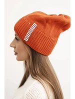 Dámská zimní pletená čepice s krystaly K453 oranžová