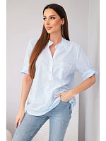 Dámská košilová bavlněná halenka s krátkým rukávem a kapsičkou modrá