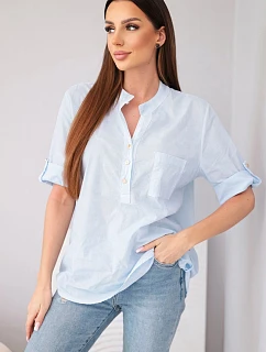 Dámská košilová bavlněná halenka s krátkým rukávem a kapsičkou modrá