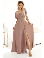 581-4 JENNIFER třpytivé dlouhé šaty s rukávy a výstřihem - MOCHA MOUSSE WITH BROKER 581-4 JENNIFER třpytivé dlouhé šaty s rukávy a výstřihem - MOCHA MOUSSE WITH BROKER