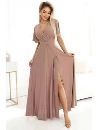 581-4 JENNIFER třpytivé dlouhé šaty s rukávy a výstřihem - MOCHA MOUSSE WITH BROKER 581-4 JENNIFER třpytivé dlouhé šaty s rukávy a výstřihem - MOCHA MOUSSE WITH BROKER