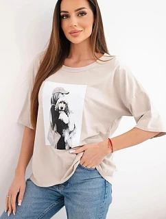 Dámská bavlněná oversize halenka s krátkým rukávem a módním potiskem béžová