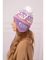 Rosa dámská čepice s bambulí K368 fialová+bílá+tmavě růžová
