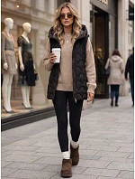 Dámská dlouhá prošívaná vesta s kapucí, černá, FashionStreet TY5922 Dámská dlouhá prošívaná vesta s kapucí, černá, FashionStreet TY5922