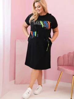 Dámské bavlněné šaty Plus Size s barevným potiskem a kapsou černý