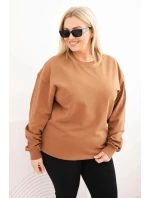 Dámská mikina Plus Size bavlněná basic s kulatým výstřihem camelová