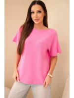 Dámský svetr s krátkým rukávem volného střihu světle růžový