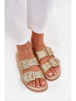 Lesklé zdobené pantofle s přezkami na plochém podpatku zlaté Tovira