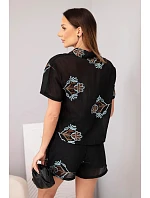 Dámský komplet košile s krátkým rukávem a sukně-šortky vyšívané černá