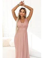 637-7 Dlouhé maxi šaty s brokátovým akcentem a hlubokým výstřihem - pudrově růžové
