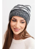 Dámská zimní čepice z vlny v hrubém úpletu a pruhy K465 grafitová + bílá
