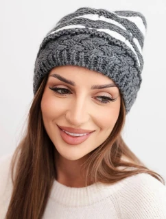 Dámská zimní čepice z vlny v hrubém úpletu a pruhy K465 grafitová + bílá