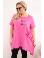 Dámské bavlněné šaty Plus Size s delším zadním dílem a kapsou růžová