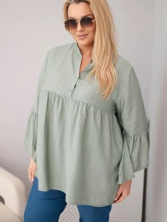 Dámská viskózová halenka Plus Size s volánovým rukávem a výstřihem do V khaki